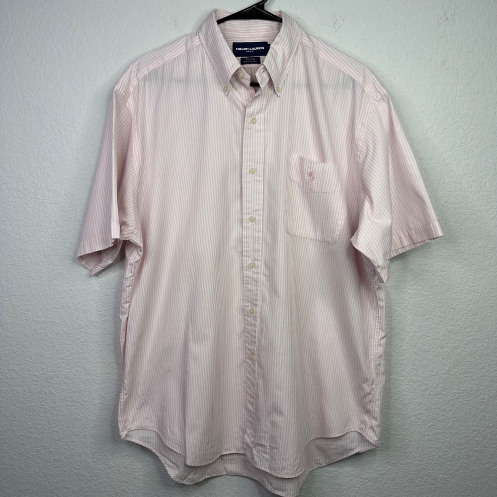 Ralph Lauren Tilden Golf Shirt Mens‎ L Pink White Stripe Short Sleeve Preppy